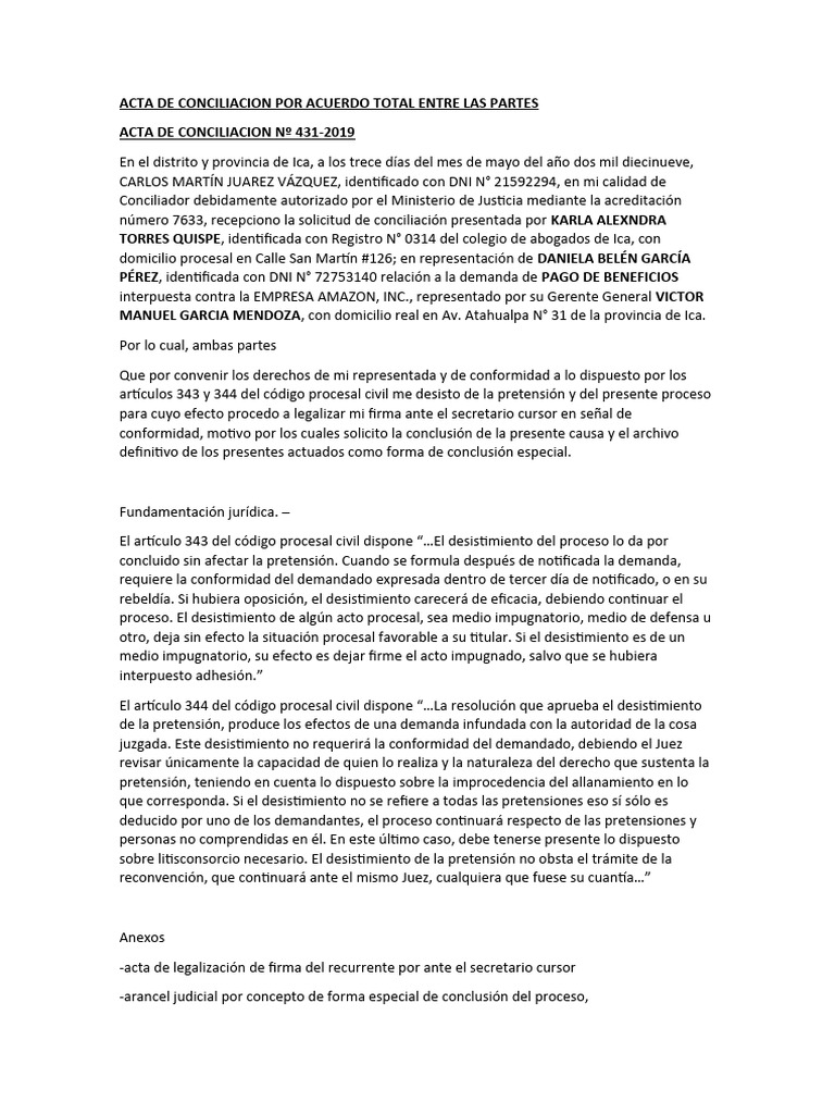 Acta de Conciliacion Por Acuerdo Total Entre Las Partes | PDF | Demanda ...