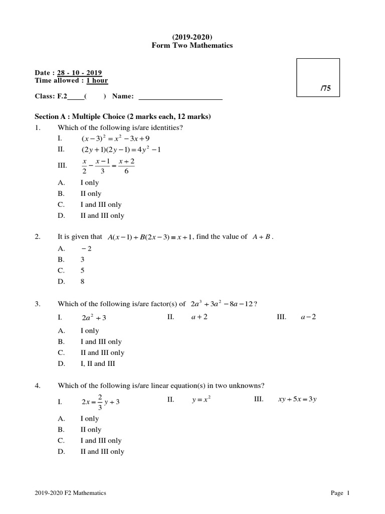 2019-2020 F2 Mathematics Exam Paper | PDF | Equations | Cartesian ...