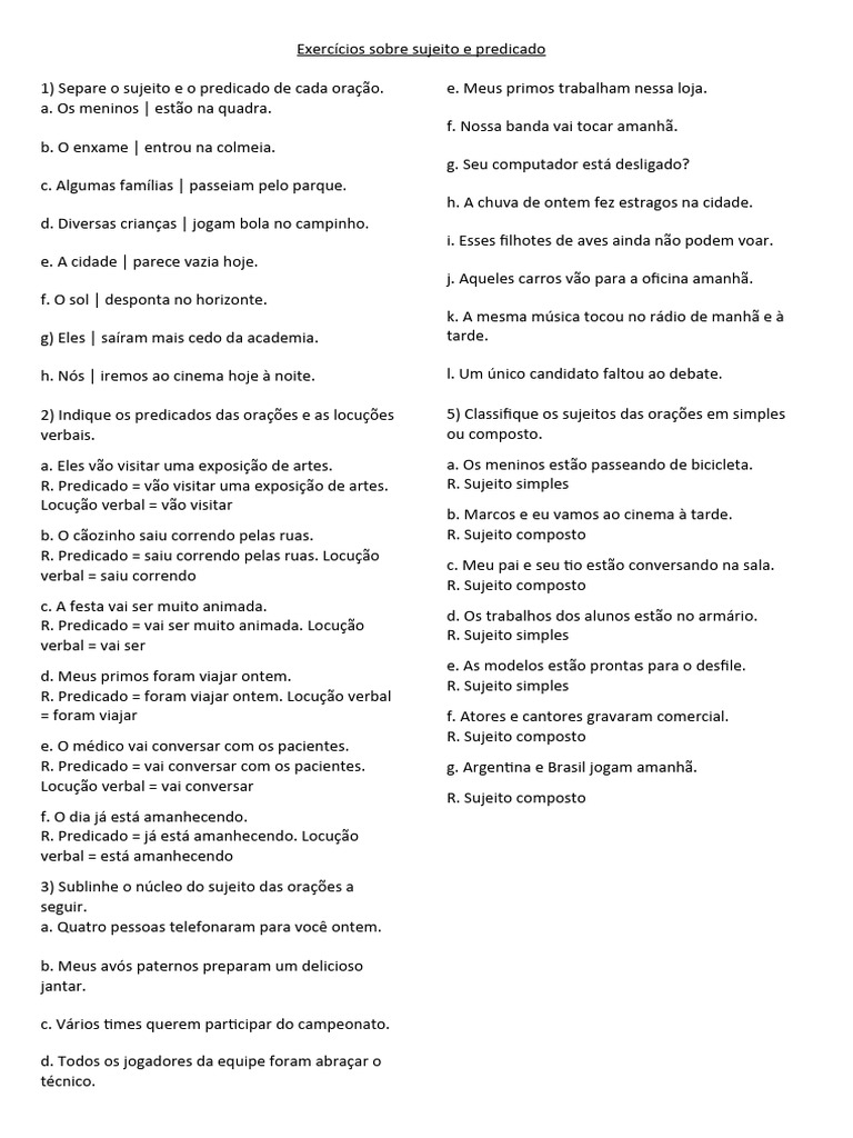 Exercícios de Sujeito e Predicado | PDF | Assunto (gramática ...