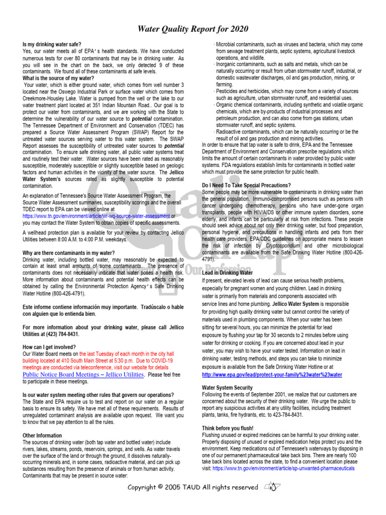 2020 Jellico Water Quality Report CCR PDF Water Pollution