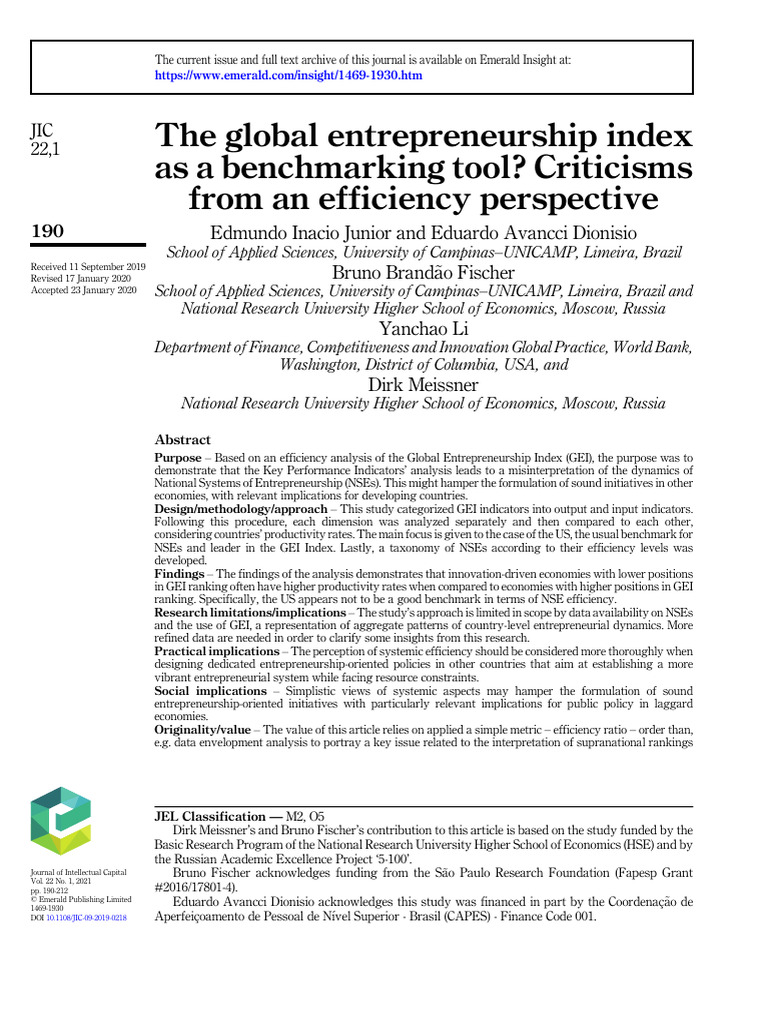 The Global Entrepreneurship Index As A Benchmarking Tool? Criticisms ...