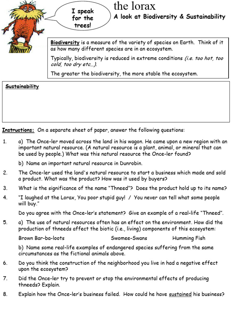 The Lorax Worksheet PDF Ecosystem Sustainability