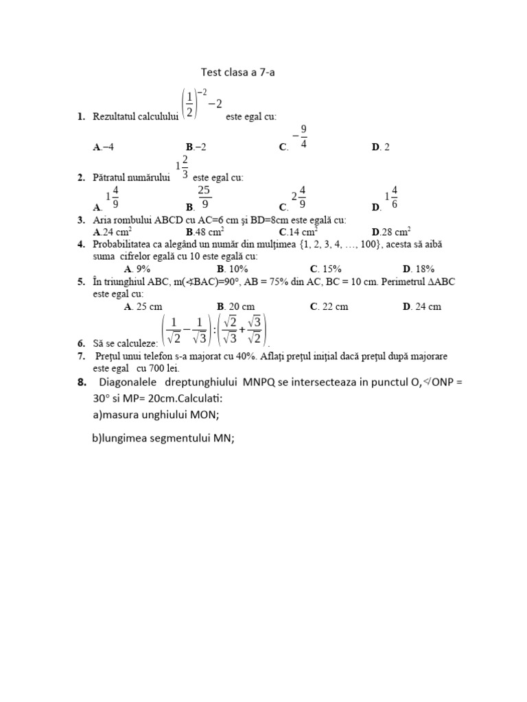 teste matematica clasa 7 algebra