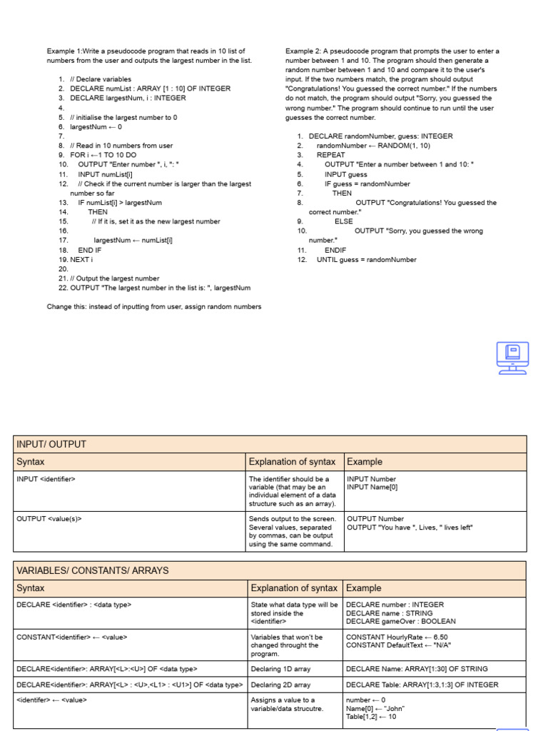 Pseudocode Cheat Sheet 1 2 | PDF