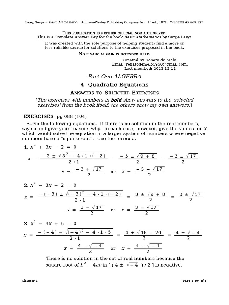 Complete Solutions for Lang's Mathematics | PDF | Algebra | Equations