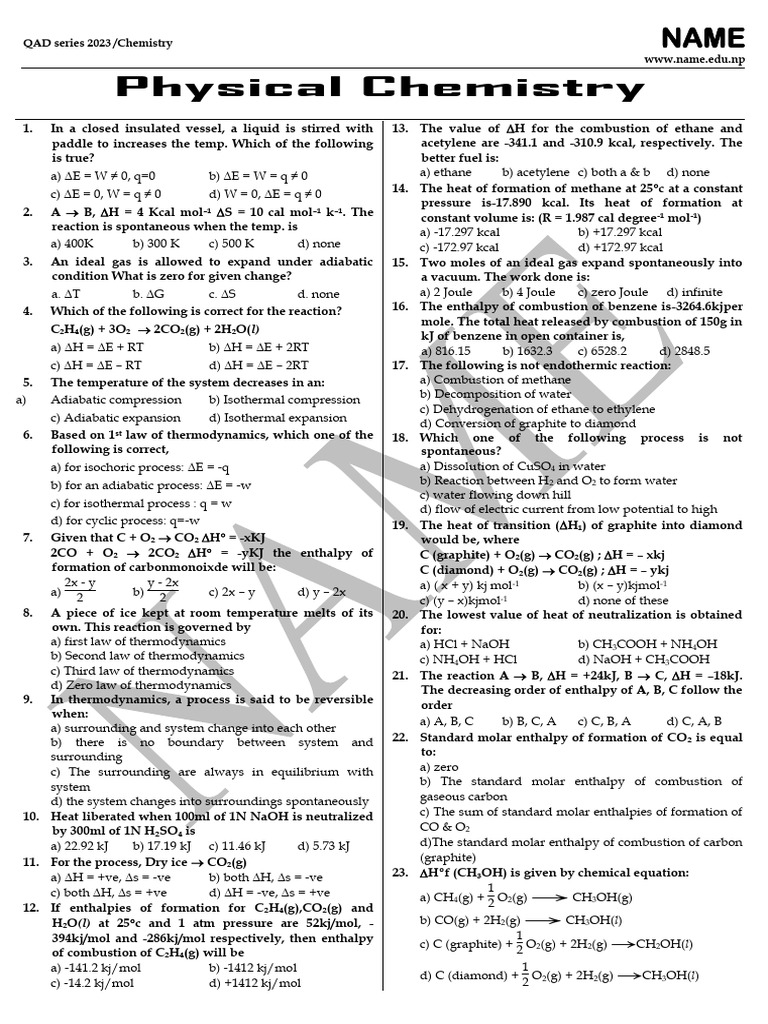 Physical Chemistry QAD Series 2023 | PDF | Enthalpy | Physical Sciences