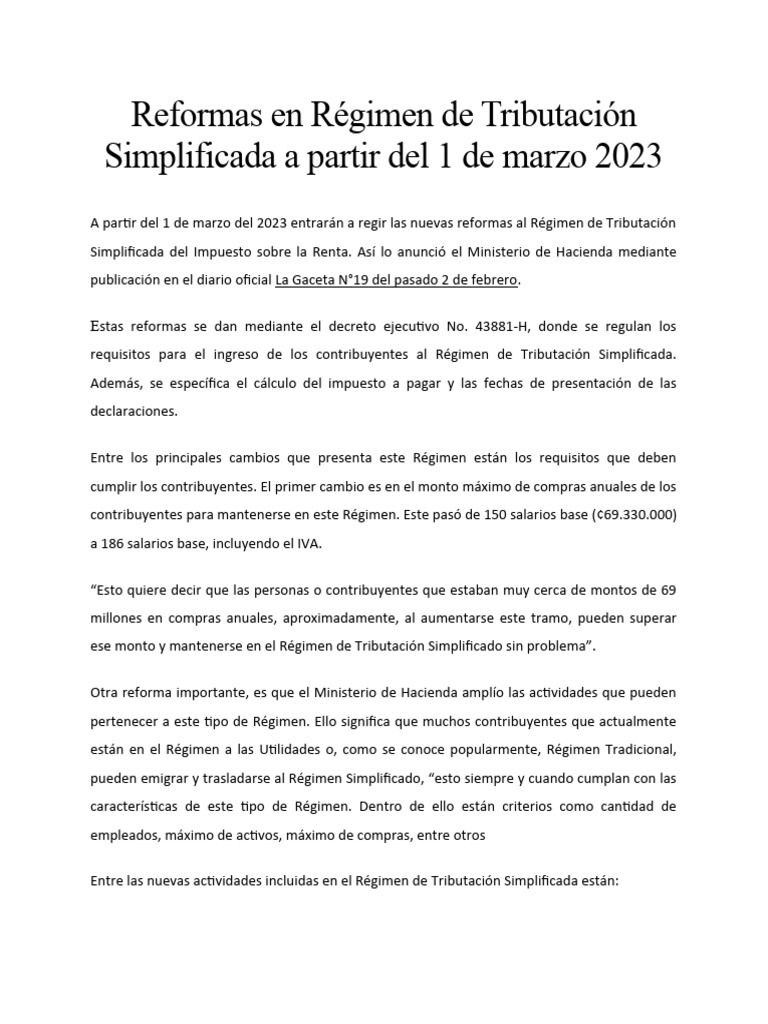 Reformas al Régimen Simplificado 2023 | PDF | Impuestos | Impuesto ...