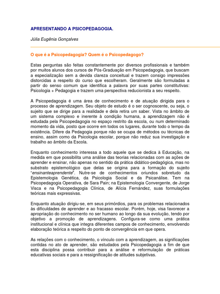 Introdução à Psicopedagogia e sua Prática | PDF | Aprendizado | Psicologia