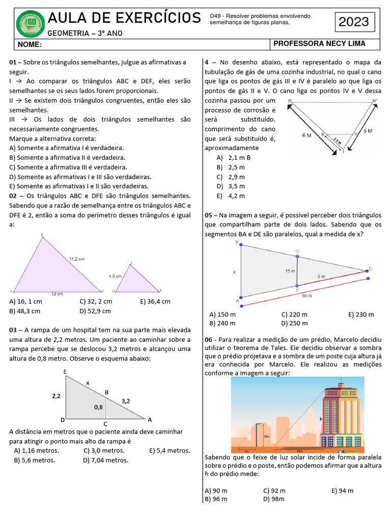 Exercícios de Semelhança de Triângulos 9º Ano | PDF