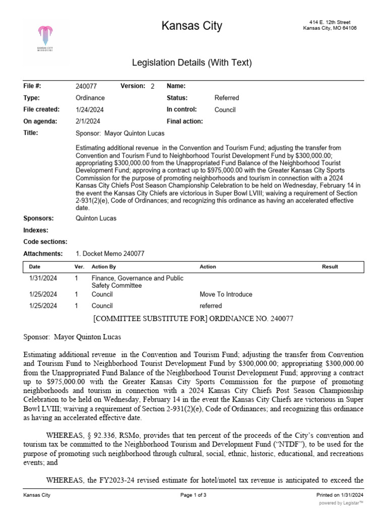Kansas City Tourism Fund Ordinance 240077 | PDF | Government Finances ...