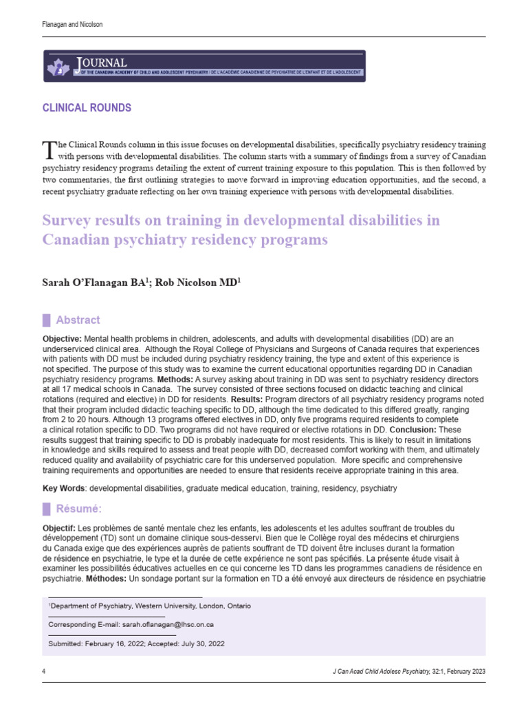 Survey Results On Training in Developmental Disabilities in Canadian