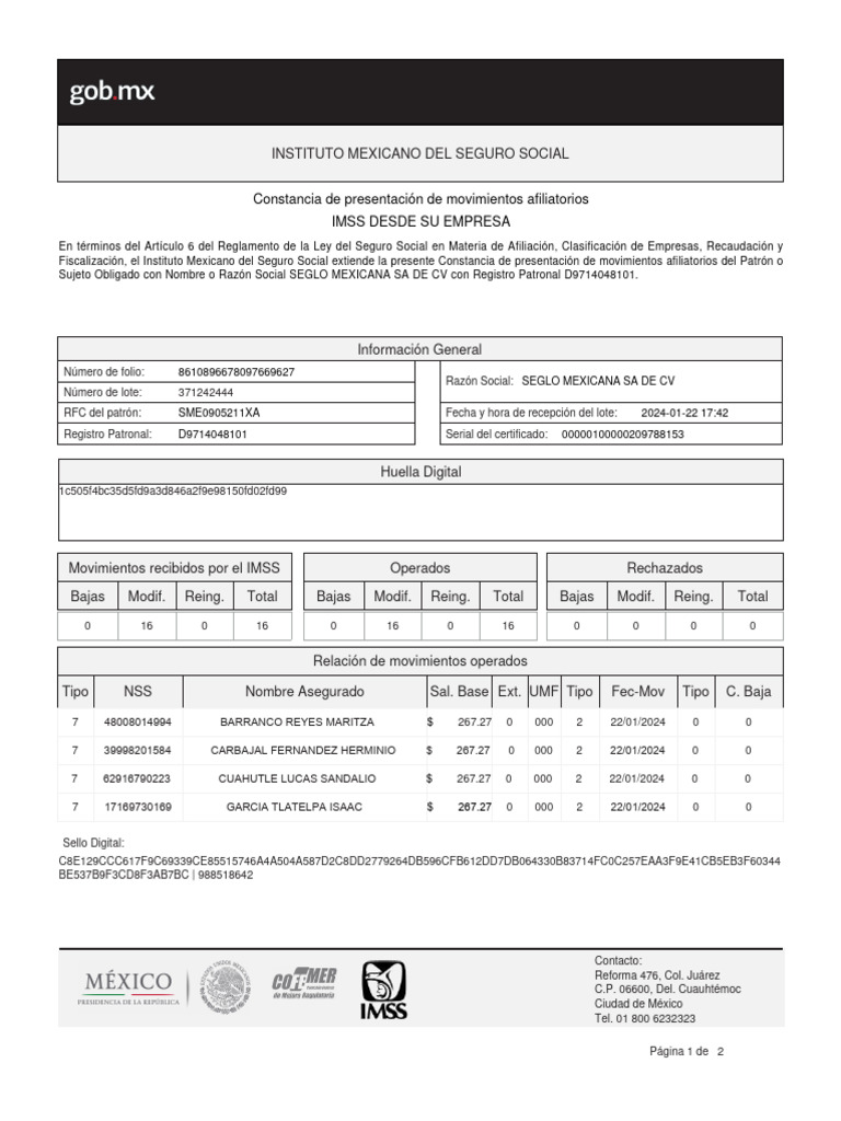 Constancia de Movimientos Afiliatorios IMSS | PDF