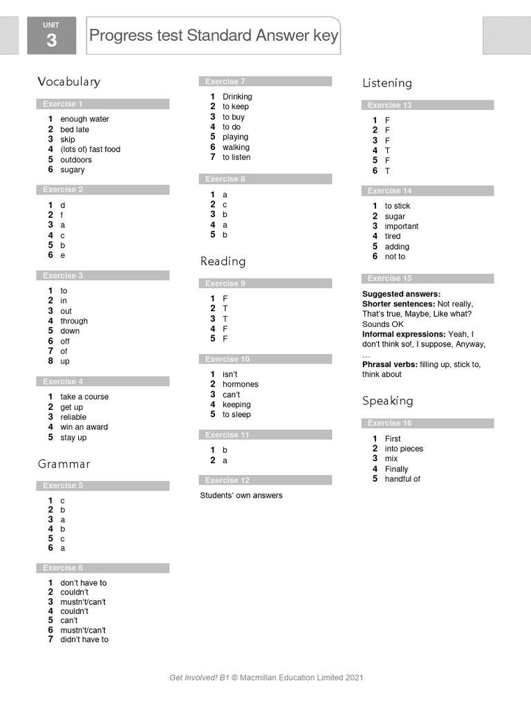 B1 Progress Test Answer Key | PDF