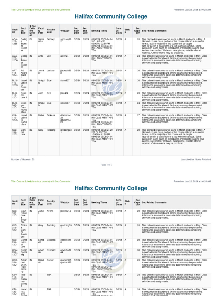 Course Schedule Spring 2024 Mini | PDF