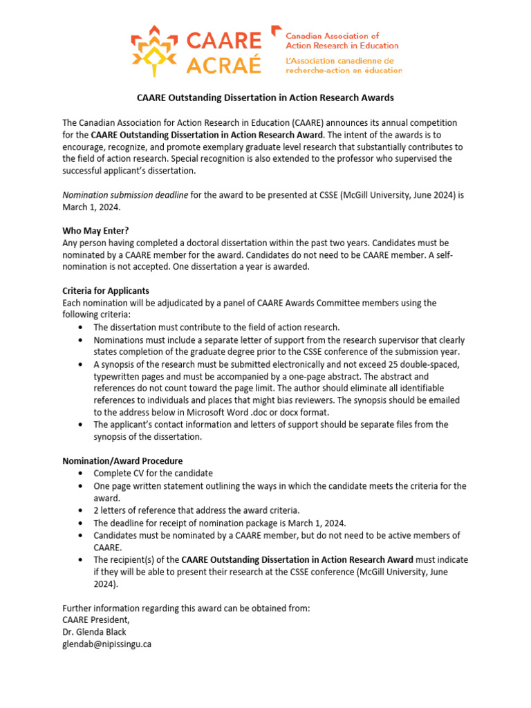Caare Outstanding Dissertation Award in Action Research Award | PDF ...