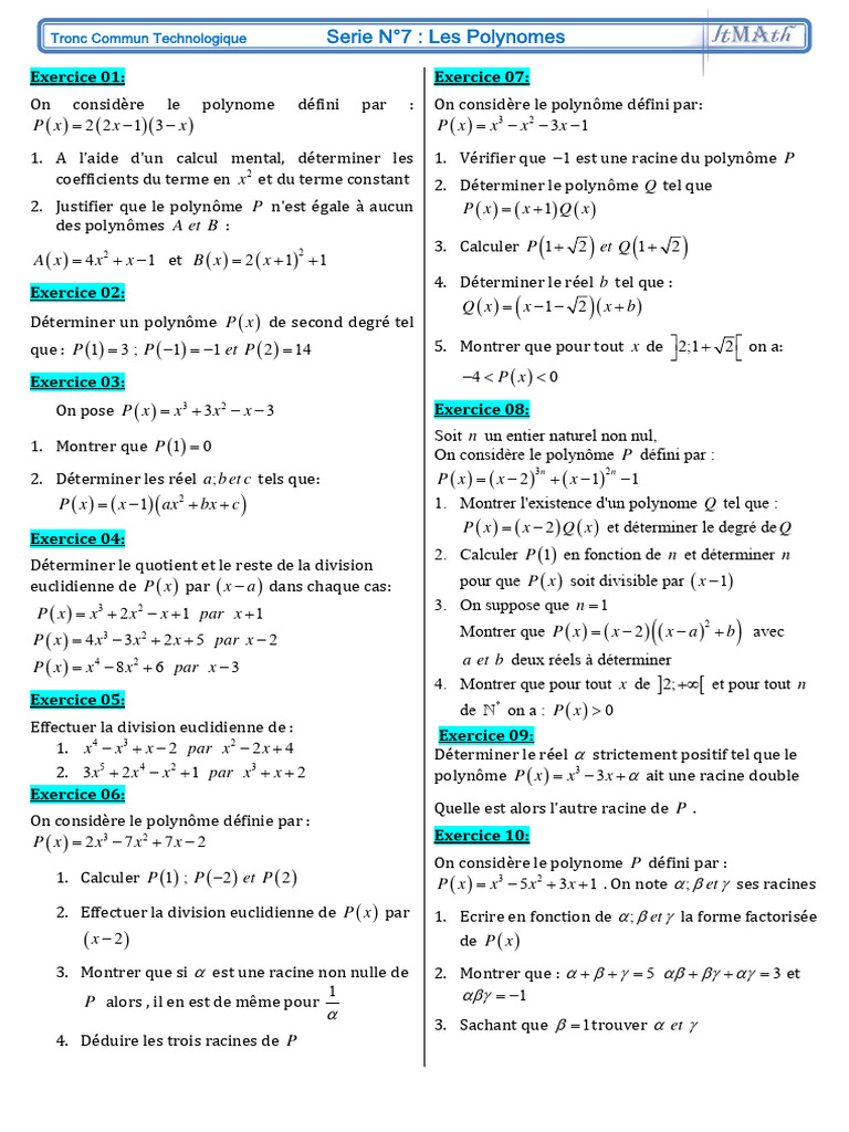 Exercices Corrigés sur les Polynômes | PDF | Polynôme | Analyse ...