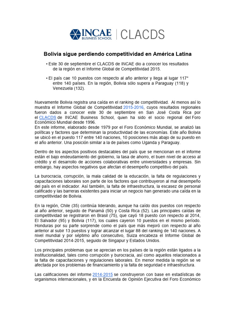 Bolivia Informe Incae Competitividad | PDF | America latina | Bolivia