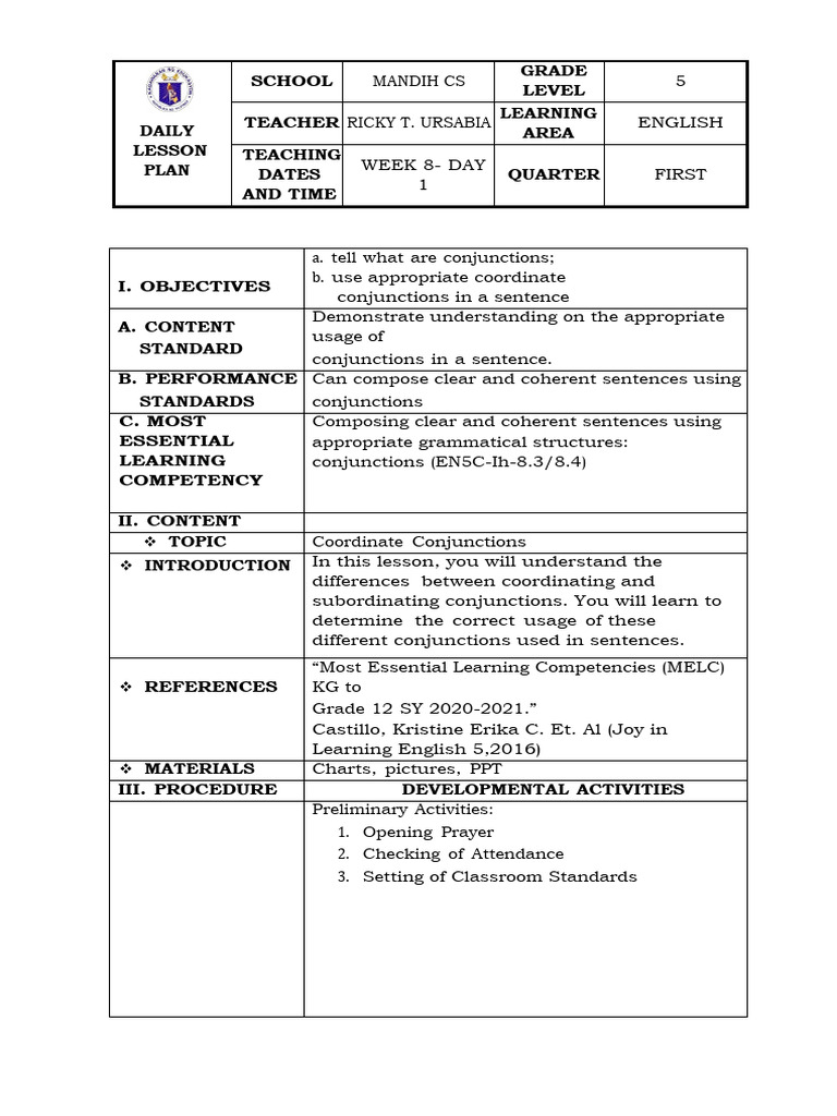 Grade 5 English DLP Q1 WK8 | PDF | Grammar | Syntax