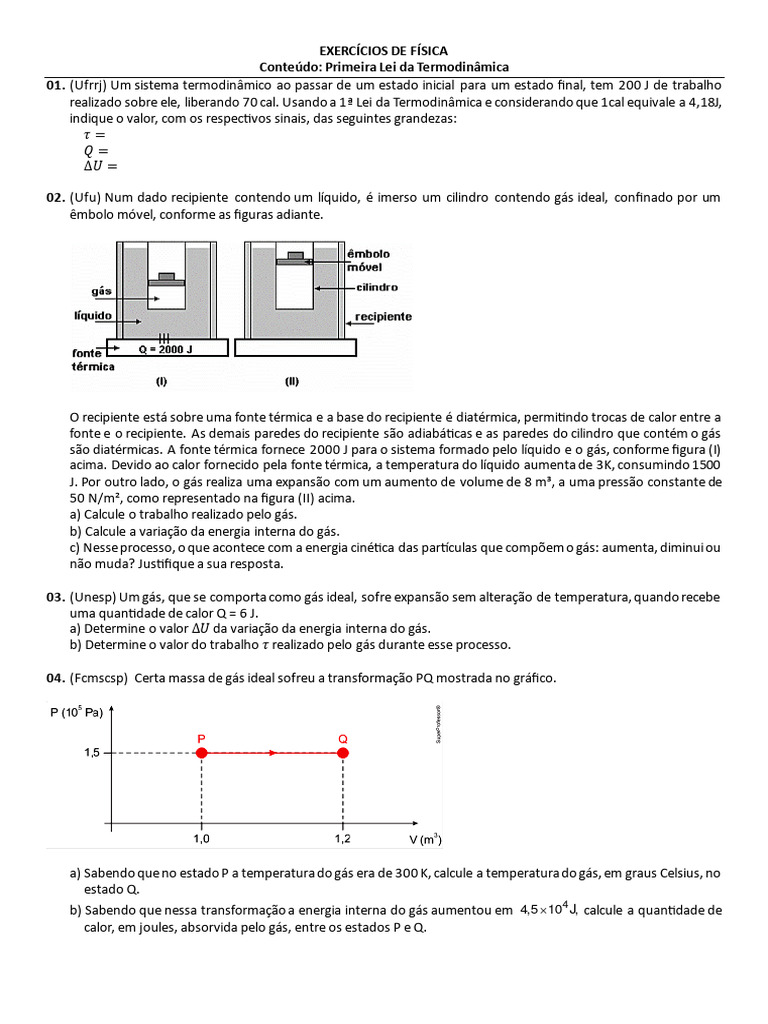 Exercícios sobre a Primeira Lei da Termodinâmica | PDF