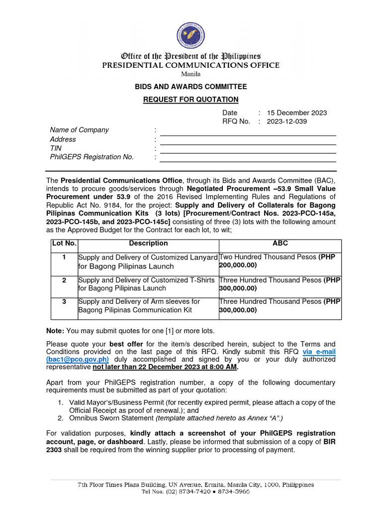 Rfq 2023 12 039 supply and delivery of bagong pilipinas communications