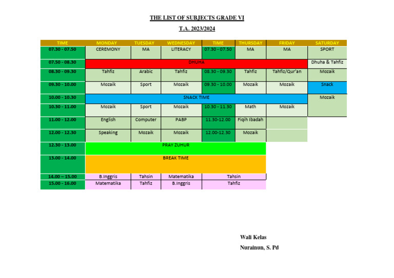 Roster Pelajaran Kelas 6 2023-2024 | PDF