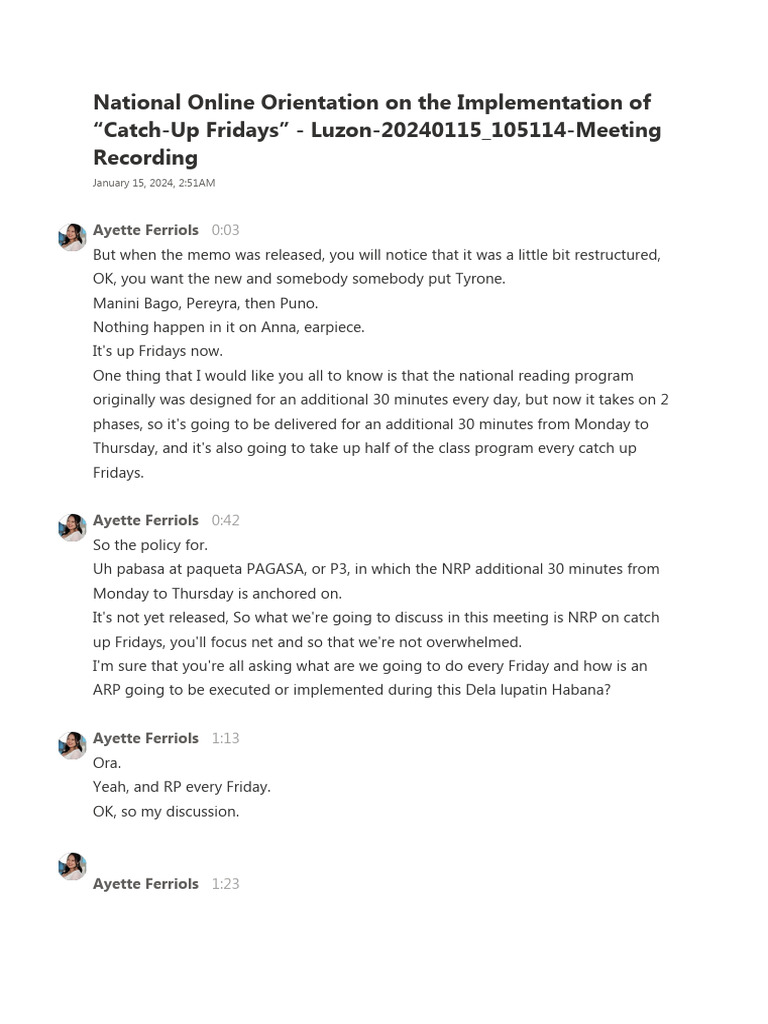 National online orientation on the implementation of catch up fridays