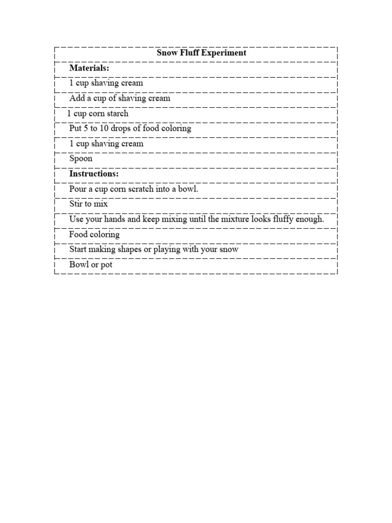 Snow Fluff Experiment Instructions | PDF