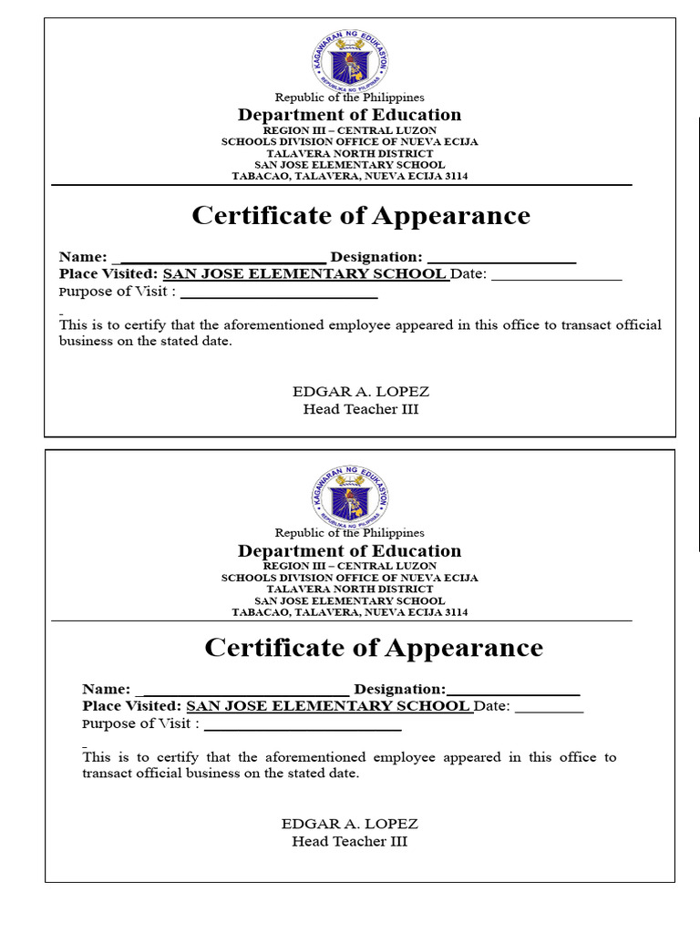 Certificate of Appearance Template | PDF