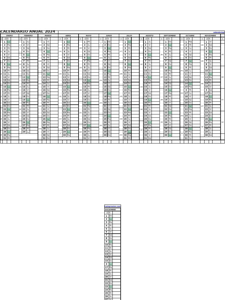 Calendario 2024 EXCEL Lista PDF
