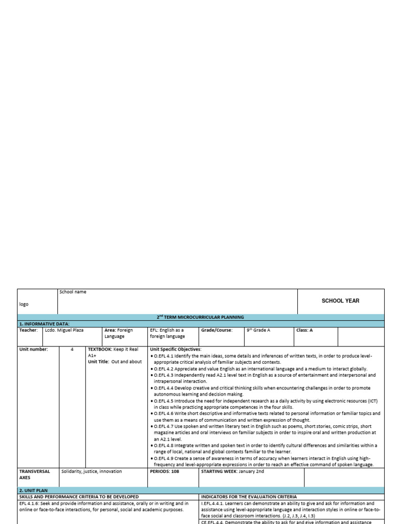 9th Grade EFL Microcurricular Plan | PDF | English As A Second Or ...