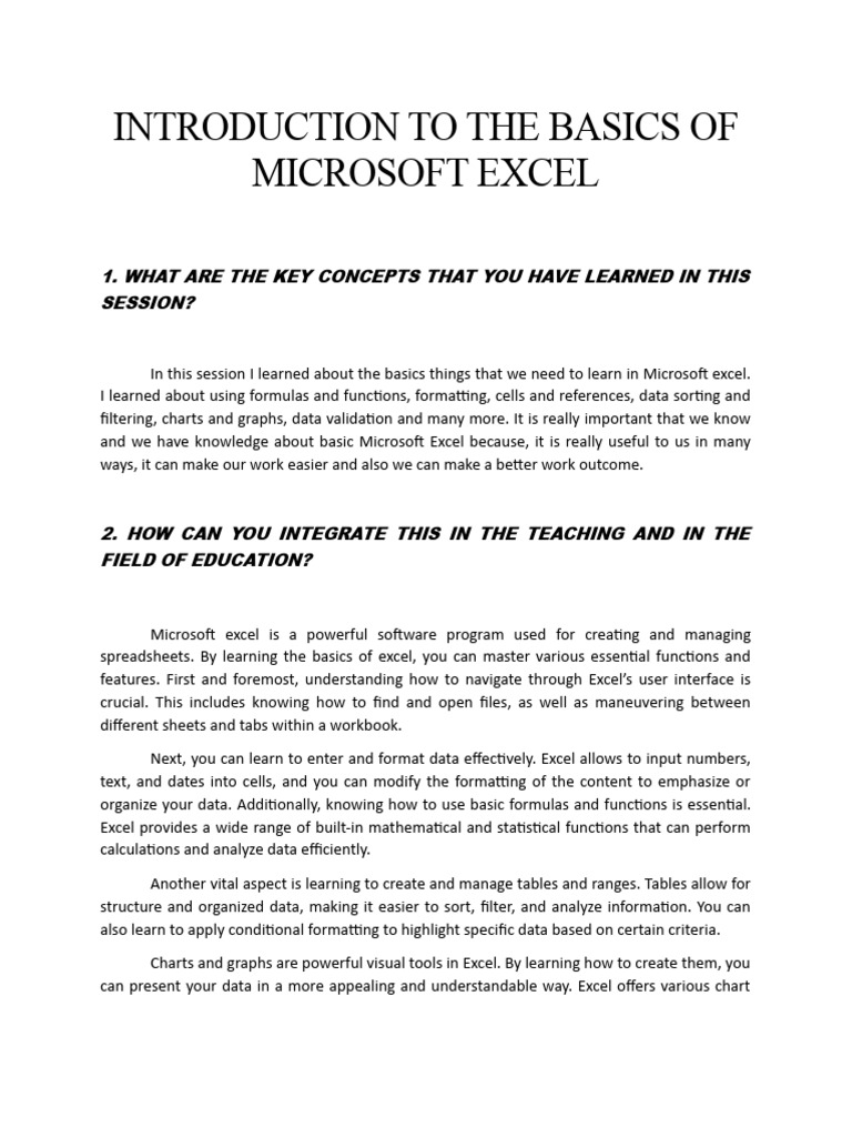 Introduction To The Basics of Microsoft Excel | PDF | Microsoft Excel ...