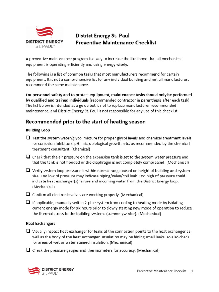 Preventive Maintenance Checklist 2019 | PDF | Heat Exchanger | Valve