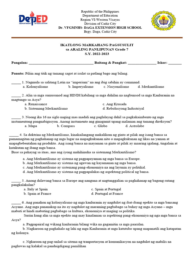 Araling Panlipunan 7 3rd Qurter Exam Pdf