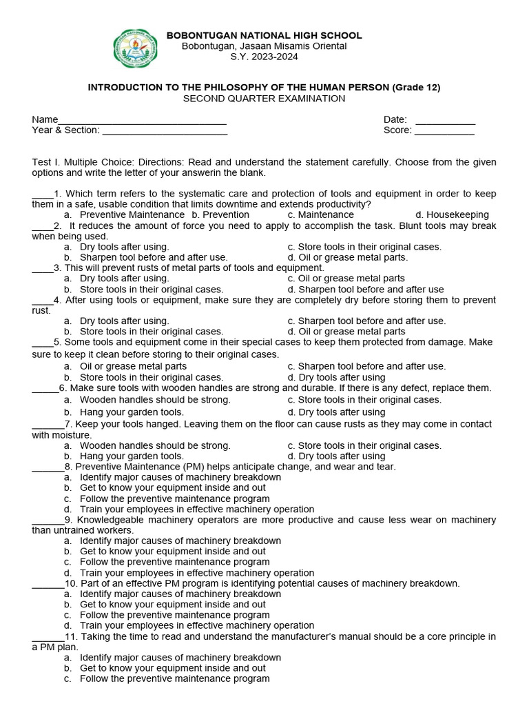 Grade 12 Philosophy Exam: 2nd Quarter | PDF | Plough | Tillage