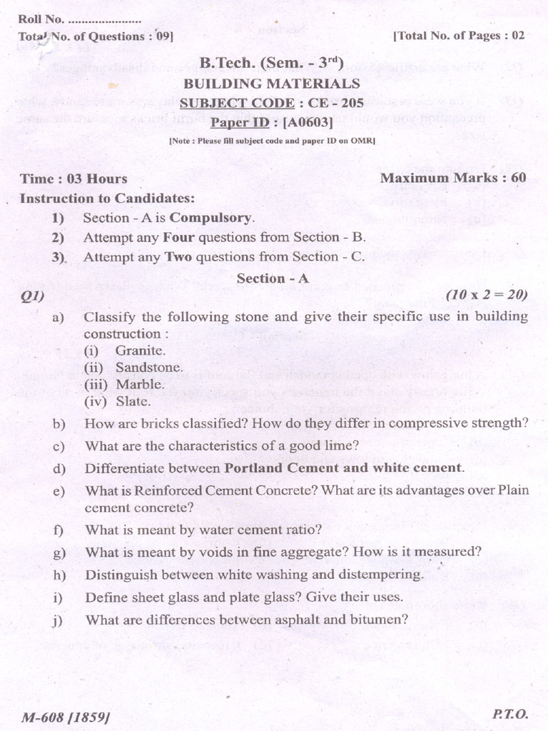B.Tech Building Materials Exam Paper | PDF | Concrete | Cement