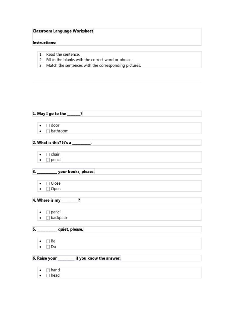 Classroom Language for Kids | PDF