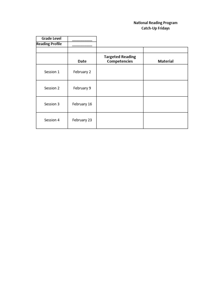 Catch-Up Fridays: Reading Program Schedule | PDF