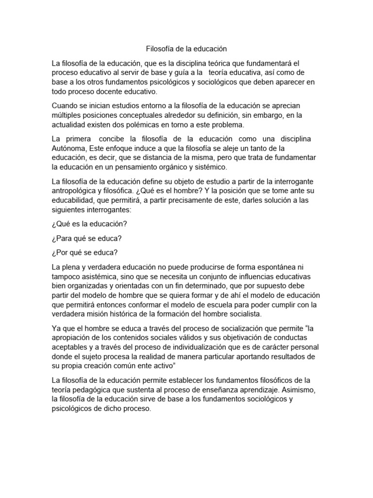 Filosofía de la Educación: Fundamentos Teóricos | PDF