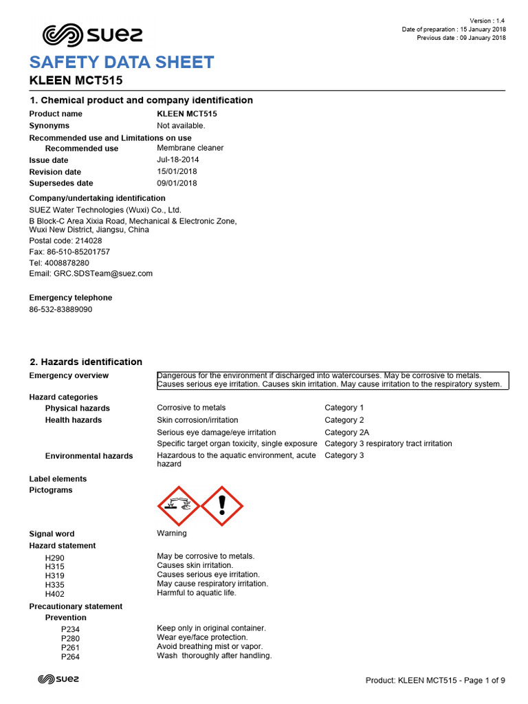 MSDS Kleen Mct515Suez PDF Dangerous Goods Toxicity