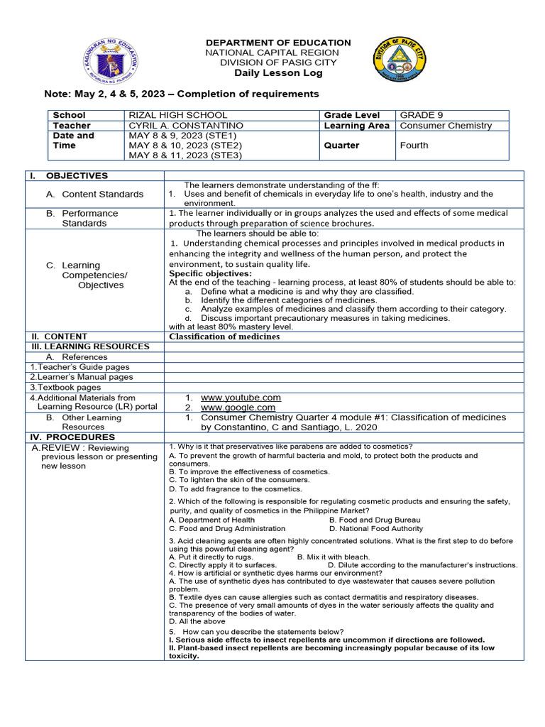 Grade 9 Consumer Chemistry Lesson Plan | PDF | Cosmetics | Learning