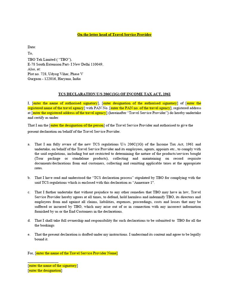 TCS Declaration for Travel Service Providers | PDF