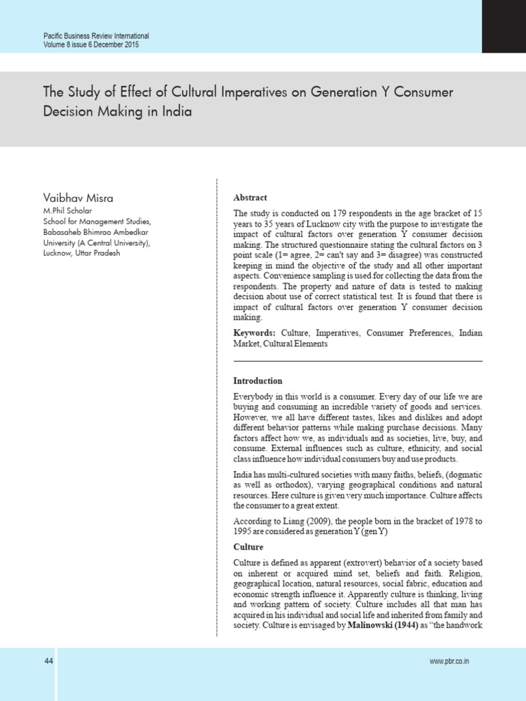The Study of Effect of Cultural Imperatives On Generation Y Consumer ...