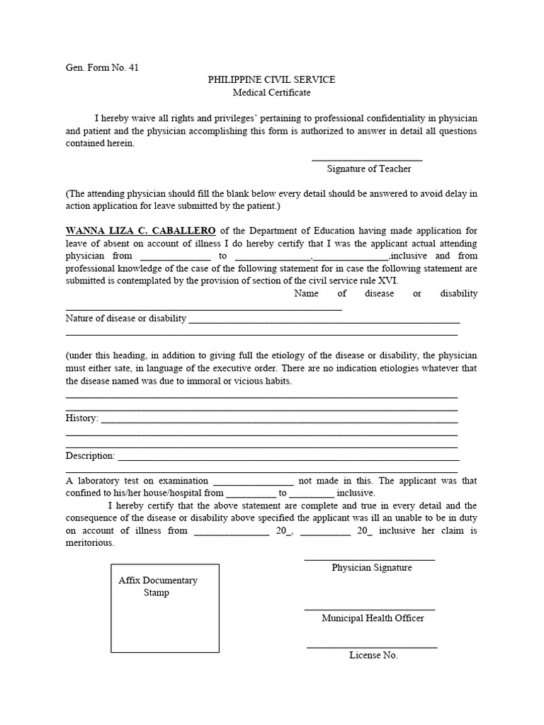 FORM 41 Medical Certificate | PDF | Physician | Medicine