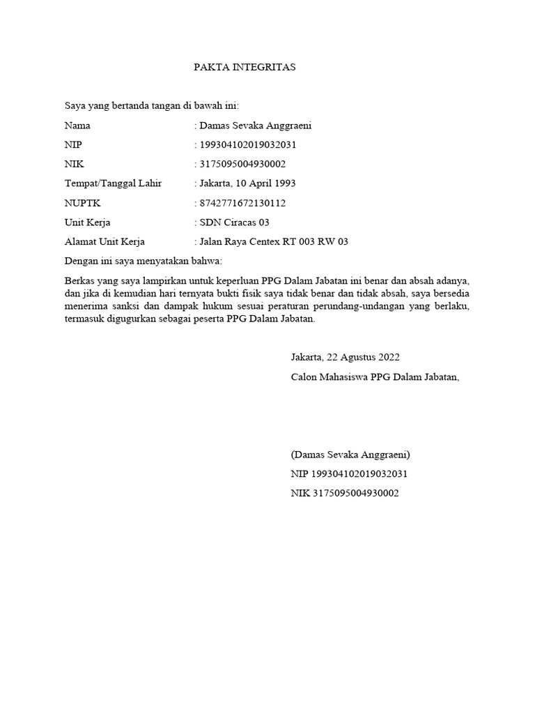 Template Pakta Integritas Ppg 2022 Pdf