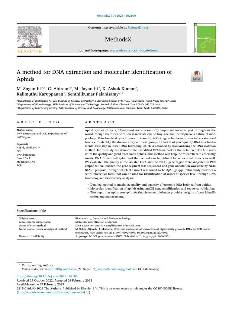DNA Extraction from Aphids via CTAB Method | PDF | Polymerase Chain ...