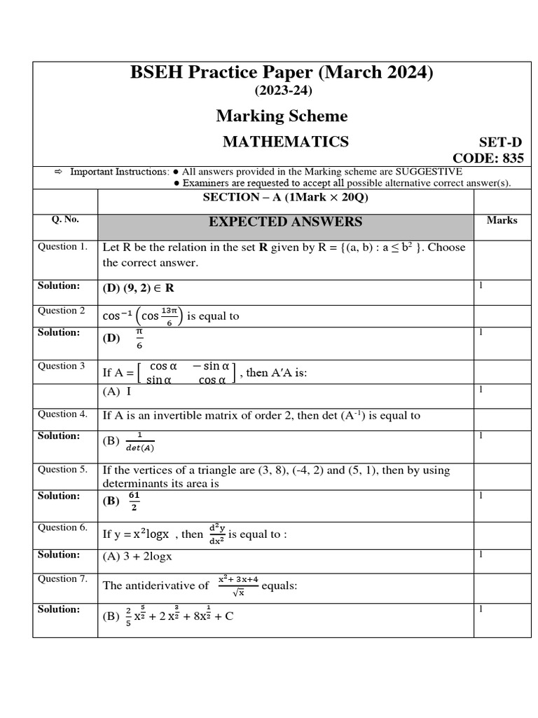 BSEH Mathematics Practice Paper 2024 | PDF | Area | Rectangle