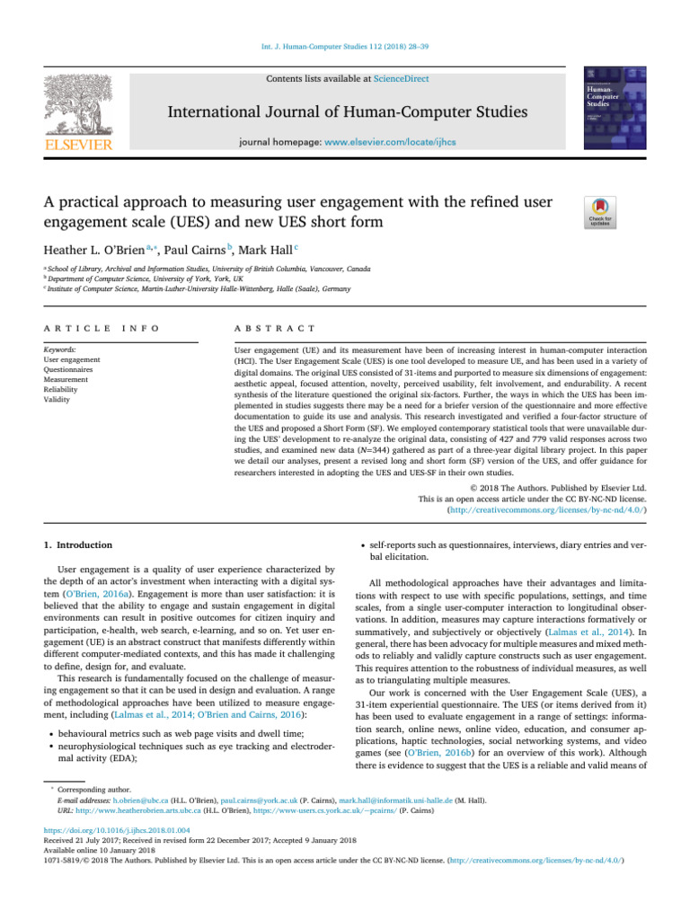 User Engagement Scale (UES) and New UES Short Form | PDF | Factor ...