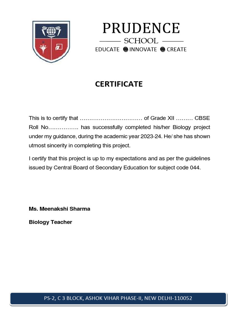 Biology Project Completion Certificate | PDF