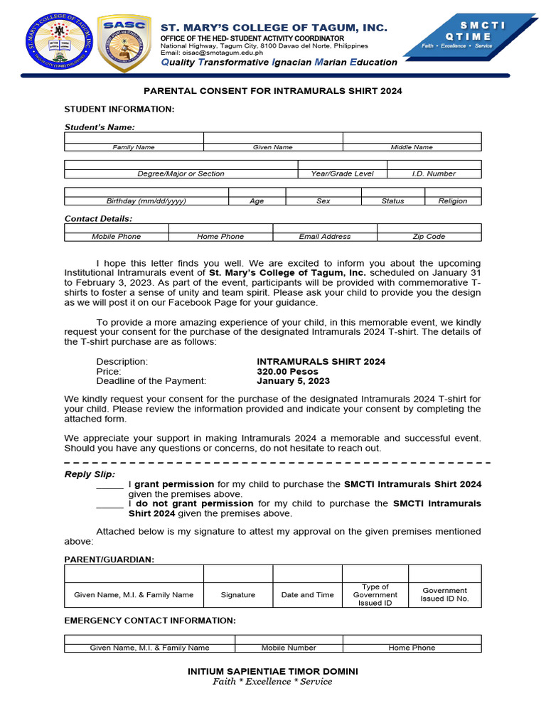 Parental Consent for 2024 Intramurals Shirt | PDF