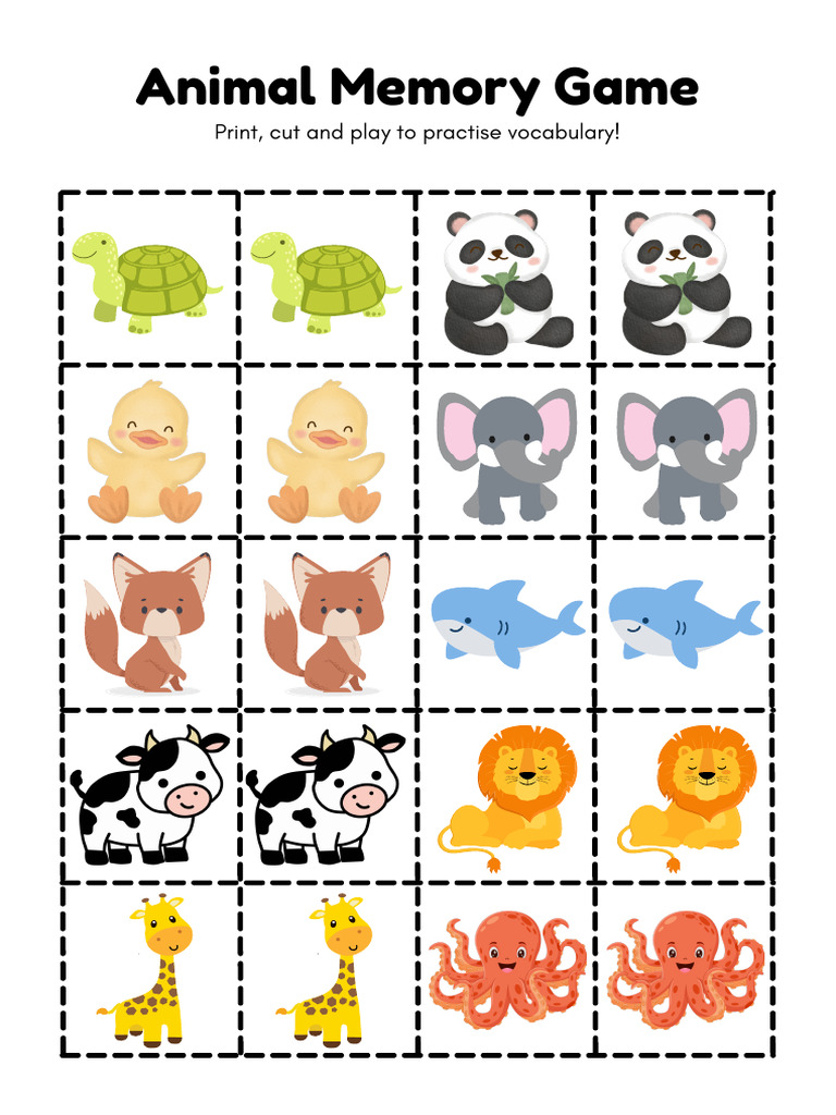 Animal Memory Game Flashcards PDF
